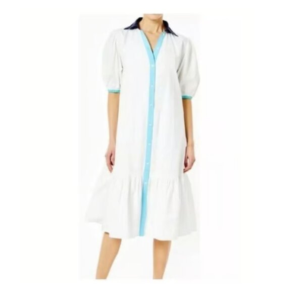 ADDISON BAY ISLE DRESS 100% Poplin Cotton White Blue Pipping Drop Waist Midi L - Picture 1 of 10